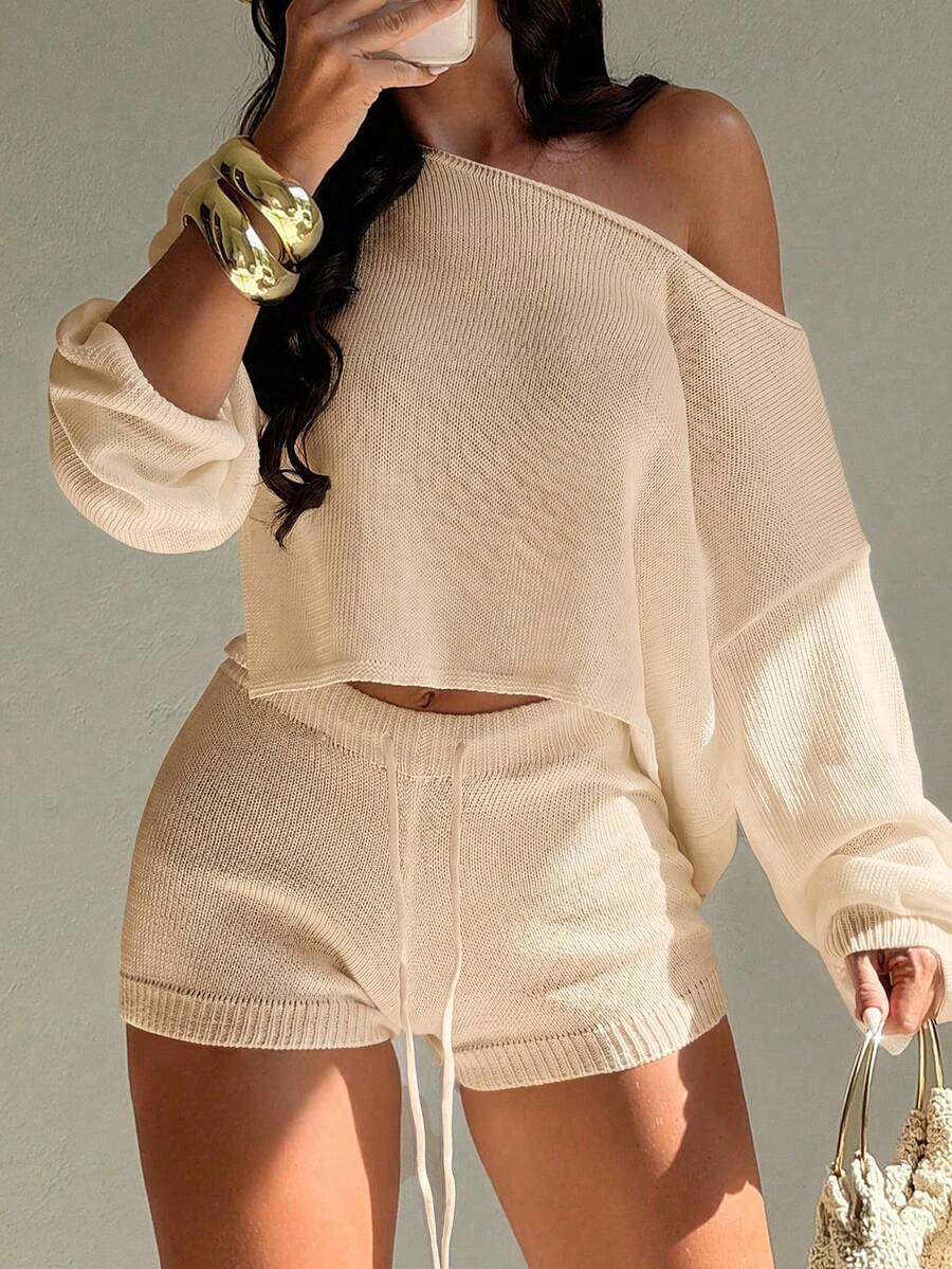 Swim SXY 2026 Spring-Summer Collection: New Slanted Collar Top With Shorts – Elegant Vacation Style Women's Swimwear Two Pieces Set - Apricot - View 1