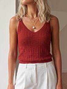 Sprig & Strand Sleeveless Solid Color Knit Top, Summer Holiday Vacation Red Checkered Boho - Burgundy - View 5