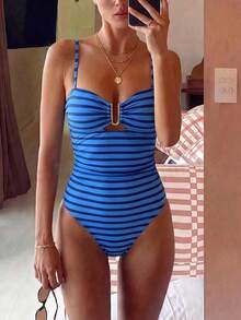 SHEIN Swim 女士新款条纹U领连体泳衣 - 藍色 - 查看 4