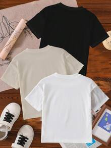 3pcs Young Boys' Casual Printed Short Sleeve Round Neck T-Shirts, With "GOAT", "Los Angeles" And Racing Car Graphics, Suitable For Daily And School Wear, White, Apricot And Black T-Shirts 3 Pieces - Multicolor - View 2