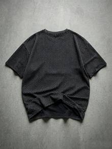 Manfinity Homme 男士夏季休閒人字紋V領T恤 - 黑色 - 查看 2