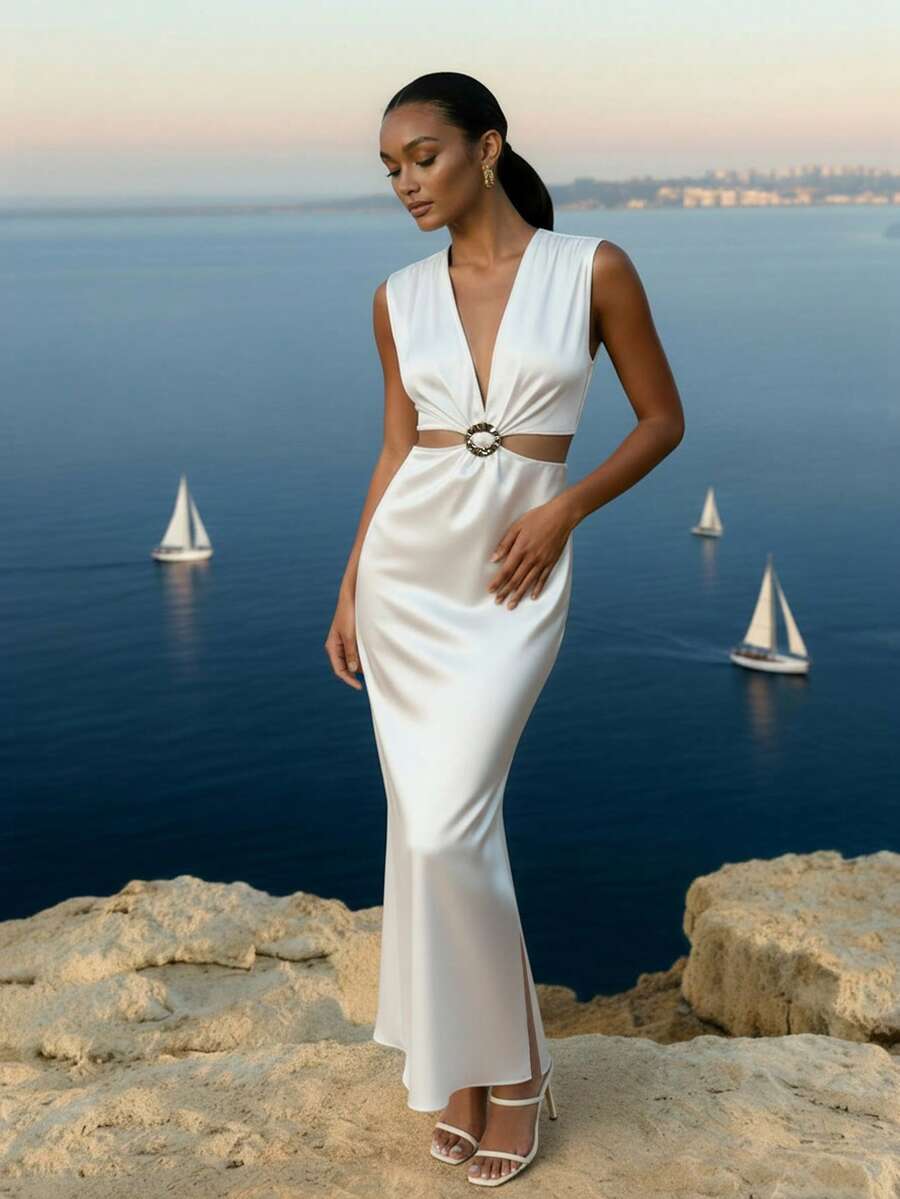CAJUNI Women's Solid Color Deep V-Neck Cutout Waist Sexy Fashion Sleeveless Dress,White Dresses For Women - White - View 1