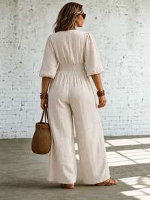 Ceyna Fashion Loose Casual Long V-Neck Short Sleeve Jumpsuit Fall - Khaki - View 3