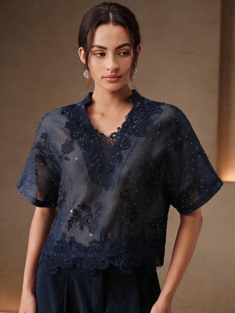 Spring/Summer Mature Style Commute & Date Mesh Rhinestone Lace Patchwork Navy Blue V-Neck Short Sleeve Women's Blouse