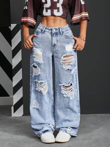 SHEIN PETITE 女款 Y2K 風格破洞牛仔褲，寬腿鬆垮休閒百搭，口袋設計，時尚水洗，適合嬌小女性 - 藍色 - 查看 2