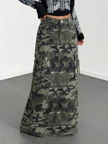 SHEIN Teen Girl Flap Pocket Design Camouflage Workwear Denim Skirt For Rave Festival - Army Green - View 2
