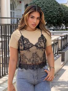 Maria Perezxox Camiseta corta de verano 2 en 1 con patchwork de encaje, cuello redondo, color albaricoque, 95% algodón, top casual de verano - Albaricoque - Ver 5