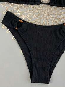 Swim Vcay 2026 Spring/Summer Textured White Halter Tie Side High-Cut Thong Bikini Swimwear 2 Pieces Set For Women Vacation - Black - View 3