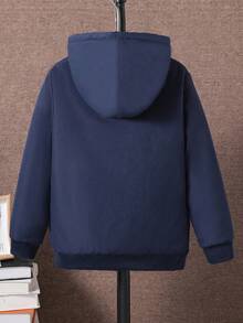 SHEIN 青少年男孩騎士印花長袖休閒保暖內裡連帽外套 - 黑色 - 查看 2