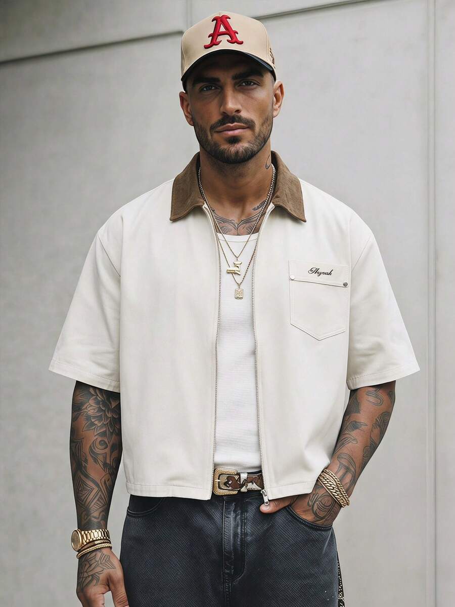 GENTILAND 男士拉链门襟刺绣口袋时尚百搭衬衫 - Off White - 查看 1
