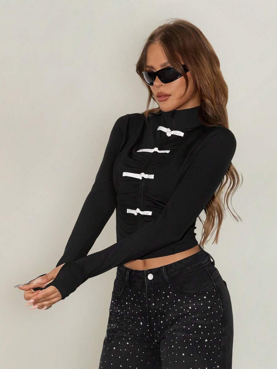SHEIN ICON Women's Frog Button Design Long Sleeve Zipper Front Lightweight Jacket - Black and White - View 1