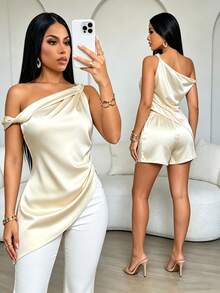 SOLERSUN Women's Summer Satin Asymmetric One Shoulder Twist Knot Ruched Blouse Chic Office Workwear - Apricot - View 9