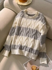 SHEIN 青少年女孩條紋拼接粗針編織V領燈籠袖寬鬆套頭毛衣，適合秋冬與戶外穿著 - 彩色 - 查看 1