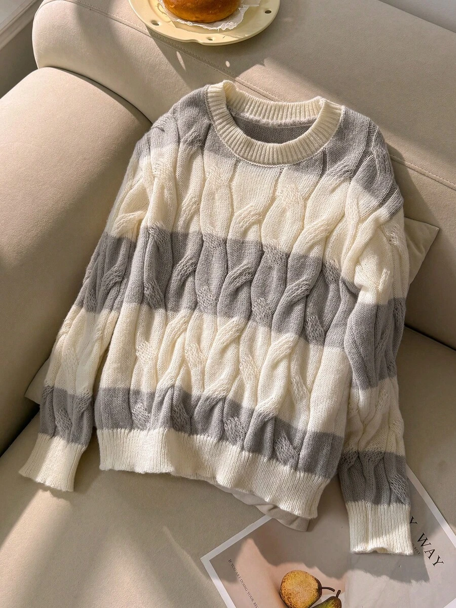 SHEIN 青少年女孩條紋拼接粗針編織V領燈籠袖寬鬆套頭毛衣,適合秋冬與戶外穿著 - 彩色 - 查看 1