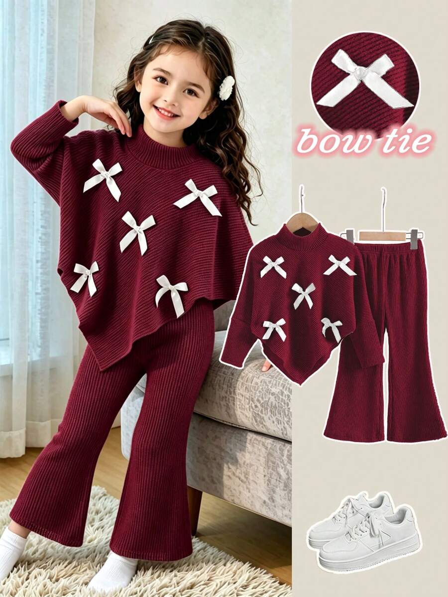 Souflis Souflis Little Girls 2‑Piece Outfit Mock Neck Batwing Sleeve Irregular Hem Top With White Bow Decor Ribbed Flare Pants Fall Set Back To School Clothes Girls - Burgundy - View 1