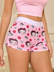 Betty Boop x SHEIN Women's Elastic Waist Cartoon Print Boxer Briefs - Red and White - View 5