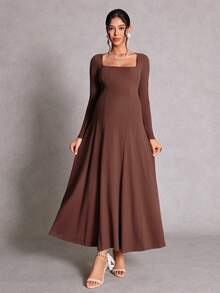 SHEIN Maternity Solid Color Square Neck Long Sleeve Elegant Dress Photoshoot Business Casual Outfit Daily Commute Old Money Style Work Brown Autumn Fall - Coffee Brown - View 5