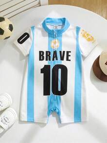 SHEIN Mameluco corto de manga corta con cuello alto pequeño, tejido suave con patrón de letras para bebé niño y niña - Multicolor - Ver 4