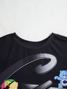 SHEIN X Care Bears تي شيرت رجالي بطباعة كرتونية كاجوال للاستخدام اليومي بأكمام قصيرة - الأسود - مشاهدة 4
