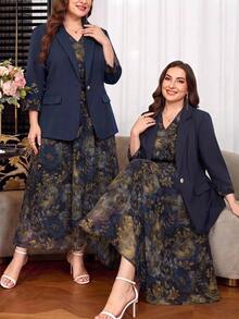 SHEIN Clasi Conjunto de chaqueta y vestido con estampado floral y patchwork en talla grande para otoño/invierno - Azul - Ver 1