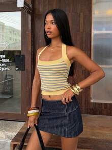 SHEIN BAE Contrast Color Striped Halter Neck Cropped Slim Fit Sexy Women's Sweater - Butter Yellow - View 6