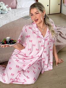 Slumberry CURVE Sweet Ins Bow Print Plus Size Pajama Set - Pink - View 4