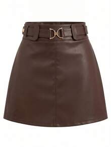 SHEIN Clasi 女款 PU 皮革時尚百搭日常休閒迷你裙 - 巧克力棕 - 查看 3