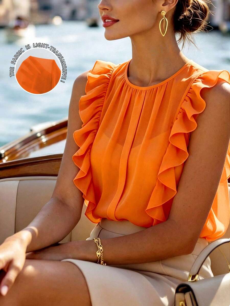 Balvessa 圓領無袖雙層荷葉邊透視後領綁帶鈕扣抓皺飄逸休閒通勤女款襯衫 - 橘色 - 查看 1