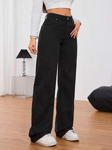 SHEIN Tall Women Front Button Pocket Casual Simple Denim Jeans, Everyday Wear, Tall Women - Black - View 3