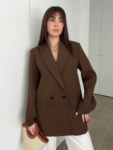Hitanina 女士商务风纯色双排扣西装外套，适合通勤和秋季穿着 - 咖啡棕 - 查看 5