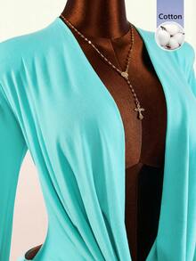 Amplova Romantic Low-Cut Draped Neckline Large Bell Sleeve Bodycon Fitted Mini Dress - Green - View 5