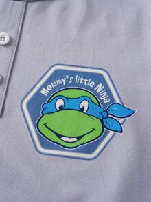 TEENAGE MUTANT NINJA TURTLES | SHEIN 小男孩卡通印花鈕扣半開襟上衣與幾何印花短褲居家服套裝 - 灰色 - 查看 4