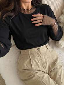 FRIFUL Solid Color Patchwork Sheer Polka Dot Mesh Fabric Loose Casual Versatile T-Shirt - Black - View 9