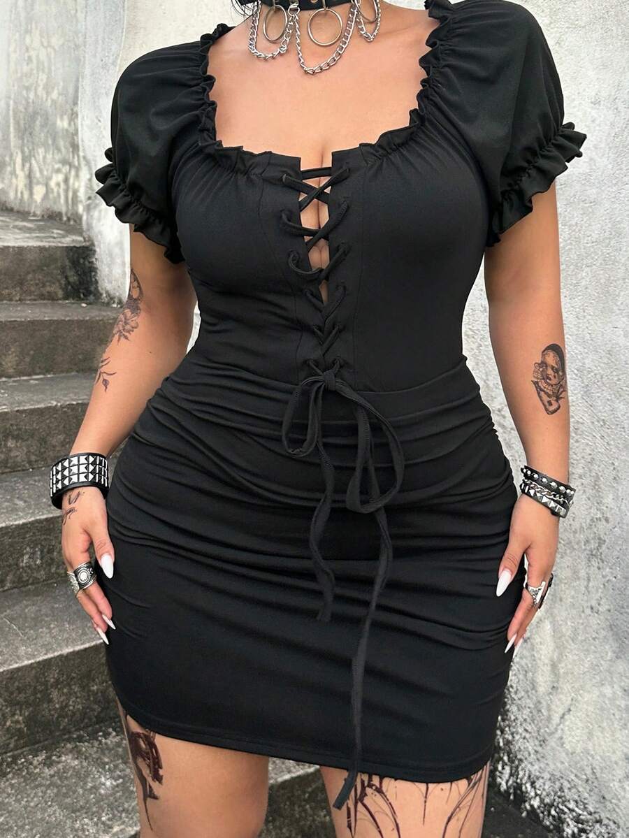 Whyspr Plus Size Dark Black Lace-Up Dress - Black - View 1