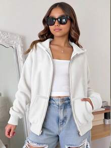 SHEIN 青少年女孩秋冬休閒連帽開襟外套 - 白色 - 查看 1