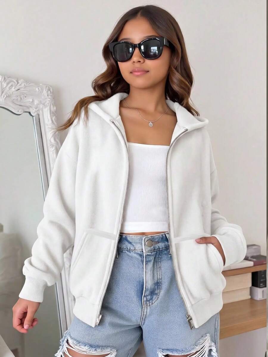 SHEIN 青少年女孩秋冬休閒連帽開襟外套 - 白色 - 查看 1