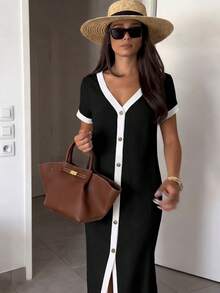 Easowa Contrast Trim V-Neck Button Front Casual Short Sleeve Dress,Dresses For Women Summer - Black and White - View 5