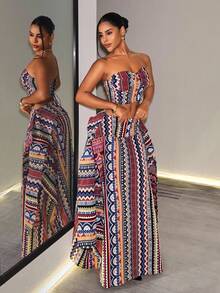 BamGleam Women's All-Over Print Tie-Up Design Bandeau Top Skirt Boho Tropical Two Pieces Set Vacation Navy Blue Gold Summer Night Out - Multicolor - View 7