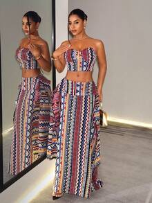 BamGleam Women's All-Over Print Tie-Up Design Bandeau Top Skirt Boho Tropical Two Pieces Set Vacation Navy Blue Gold Summer Night Out - Multicolor - View 8