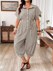 Weeklong Plus Size Casual Loose Plaid Jumpsuit For Vacation - Multicolor - View 5
