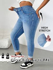 SHEIN CURVE+ جينز نسائي مقاس كبير خصر عالي بجيوب ضيق كاجوال فضفاض بسيط عادي متعدد الاستخدامات صيفي خريفي مهرجان شاطئ رسمي خروج حفلة أزرق فاتح - الأزرق - مشاهدة 2
