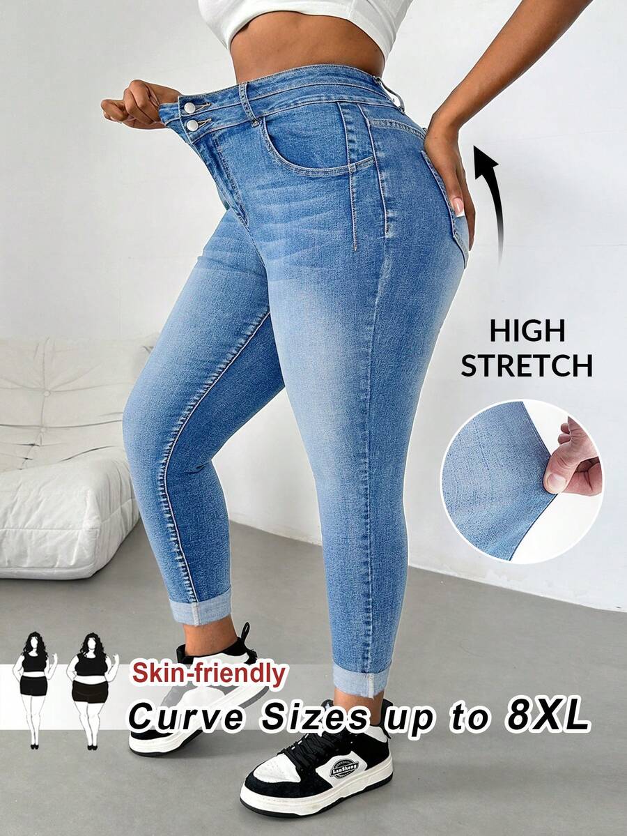 SHEIN CURVE+ جينز نسائي مقاس كبير خصر عالي بجيوب ضيق كاجوال فضفاض بسيط عادي متعدد الاستخدامات صيفي خريفي مهرجان شاطئ رسمي خروج حفلة أزرق فاتح