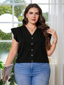 SHEIN Clasi Plus Size Women Summer Simple Solid Color Ruffle Button Decor Blouse - Black - View 2