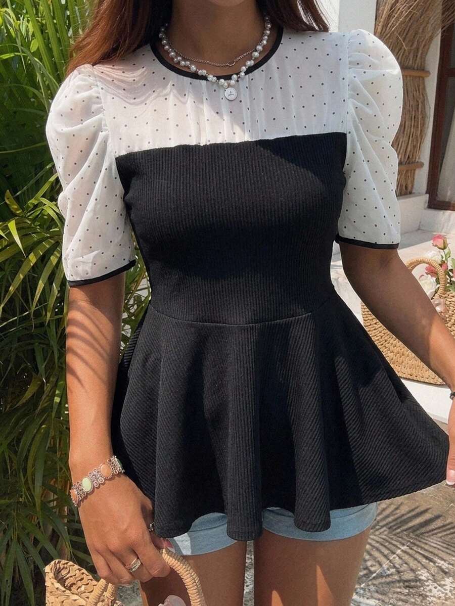 FRIFUL Women's Summer Spring Colorblock Patchwork Sheer Lace Waist-Cinching Slimming Versatile T-Shirt - Apricot - View 1