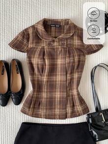 Comfortcana Women's Plaid Peter Collar Cap Sleeve Casual Vintage 70s 90s French Preppy Blouse Back-To-School Brown Checkered Summer Graduation School Teacher Tops - Coffee Brown - View 1