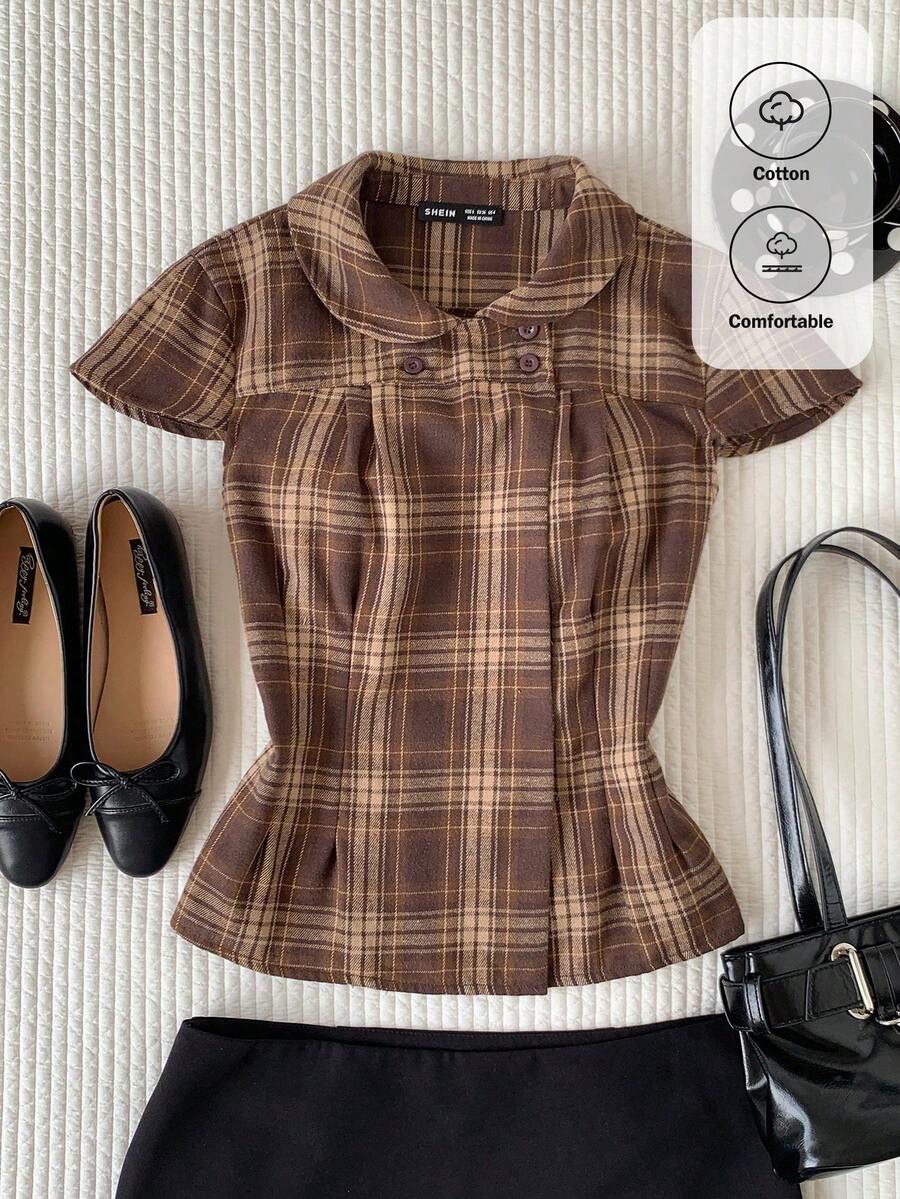 Comfortcana Women's Plaid Peter Collar Cap Sleeve Casual Vintage 70s 90s French Preppy Blouse Back-To-School Brown Checkered Summer Graduation School Teacher Tops - Coffee Brown - View 1