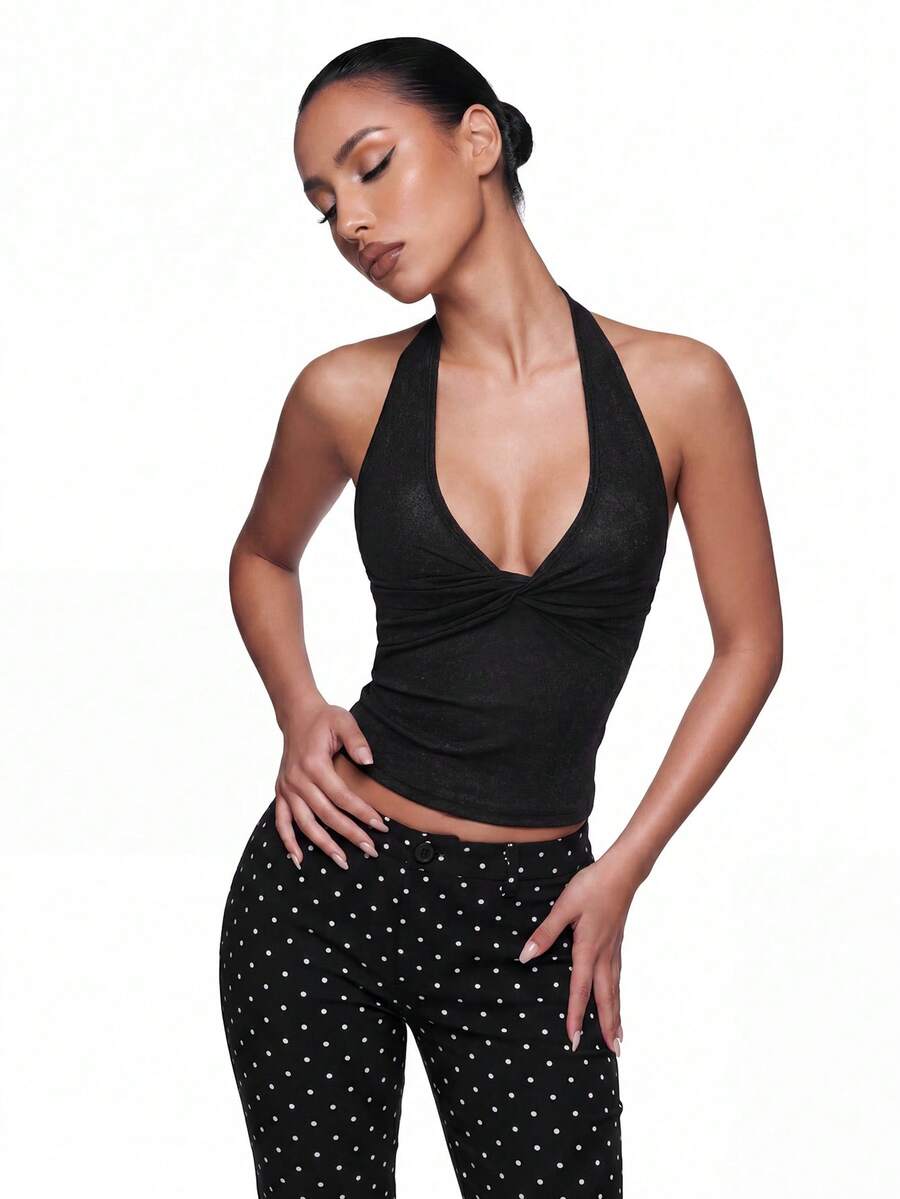SHEIN ICON 女士休闲深 V 领扭结背心 - 黑色 - 查看 1