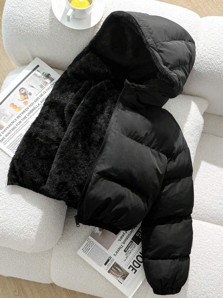 SHEIN Tween Girl Hooded Padded Kids Coat With Thermal Lining Thick Plush Lining Fall/Winter - Black - View 1