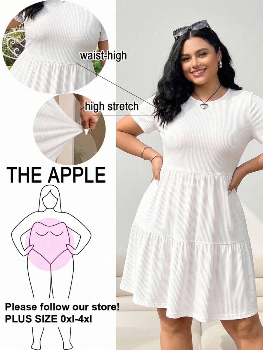 SHEIN EZwear Plus Size Summer Casual Solid Color Short Sleeve Dress - White - View 1