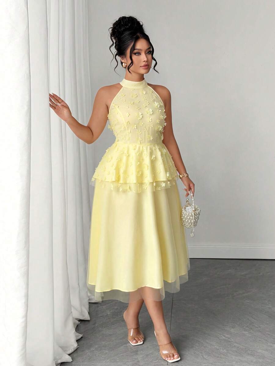 SHEIN Clasi Plus Size Women's Elegant Sleeveless Halter Neck 3D Floral Double Layer Mesh Dress, Summer Outings, Parties, Dates, Wedding Butter Yellow - Yellow - View 1